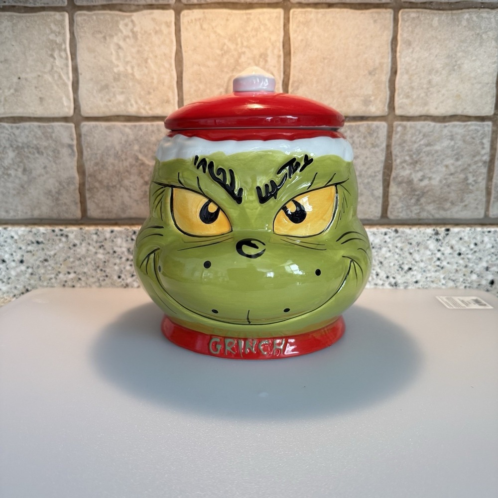 Dr. Seuss The Grinch Holiday Christmas Ceramic Cookie Treat Jar 9" Tall 2024 EUC